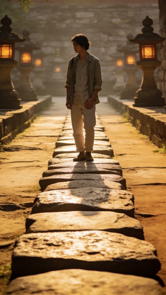 A serene temple garden scene with a central person as the main subject standing on a weathered stone stepping-stone path that leads the eye toward them, flanked by a low, softly blurred background of temple lanterns and stone walls. The subject is positioned off-center along the lines of perspective so the stone pathway and lantern-lined corridor create a natural frame and guide the viewer’s gaze to the person. The background is slightly blurred to emphasize the subject, while the foreground remains crisp to capture texture in the stepping stones. The person wears timeless, muted travel attire (linen shirt, light jacket, neutral-toned pants) and stands with a relaxed, contemplative pose, hands loosely by their sides or folded. The lighting is gentle and golden, typical of late afternoon, casting warm tones and soft shadows that enhance the temple’s quiet dignity. The scene communicates respectful etiquette in a tranquil, walkable temple approach, yielding a clean shot with a mellow travel diary vibe. No text on the image.
