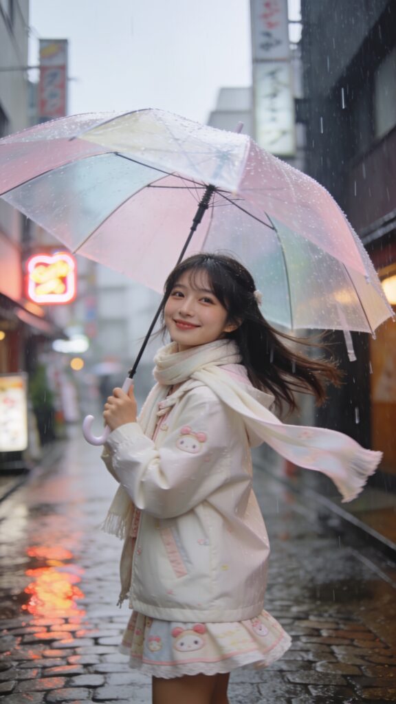 A candid, high-resolution street-style portrait of a young woman in a rainy urban Japan setting, standing under a translucent pastel umbrella held at a 45-degree angle just overhead, with a gentle smile and eyes twinkling, wind lightly lifting her hair, a light scarf fluttering around her neck, raindrops visible in the soft overcast light, wet cobblestones reflecting neon signs softly in the background, the subject wearing stylish kawaii chic rain attire—a cute, coordinated outfit with a subtle, playful vibe, natural makeup, shallow depth of field that keeps the subject sharp while the background remains pleasantly blurred, no text on the image.