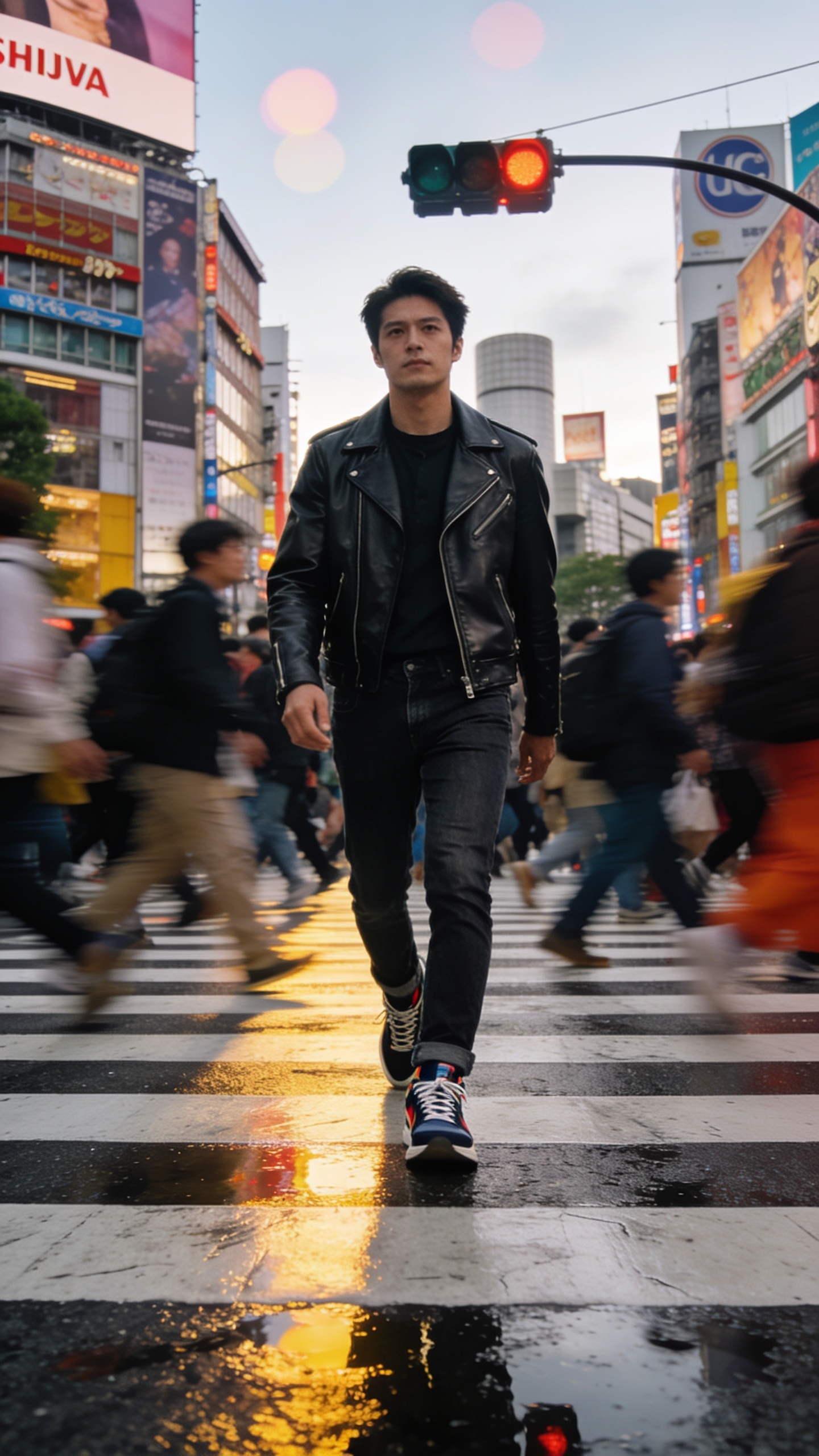 A high-resolution, cinematic street photograph of a stylish traveler walking confidently across Shibuya Crossing during rush hour, captured from a low angle at eye level to emphasize motion and scale. The main subject is a sharp, fashionable traveler in the foreground, wearing a sleek black leather jacket, dark jeans, and stylish sneakers, with a determined expression and eyes forward. The crowd around them is a dynamic blur of colors and motion as pedestrians flow in multiple directions, while the subject remains crisp and in focus. The crosswalk lights reflect on the wet pavement, creating vivid, slightly saturated tones. The background features the iconic Shibuya Crossing buildings and billboards with a soft bokeh to convey a bustling urban environment. The lighting is natural daylight with a slight golden hour warmth, capturing energy, attitude, and real-time city life without any text or logos on the image.