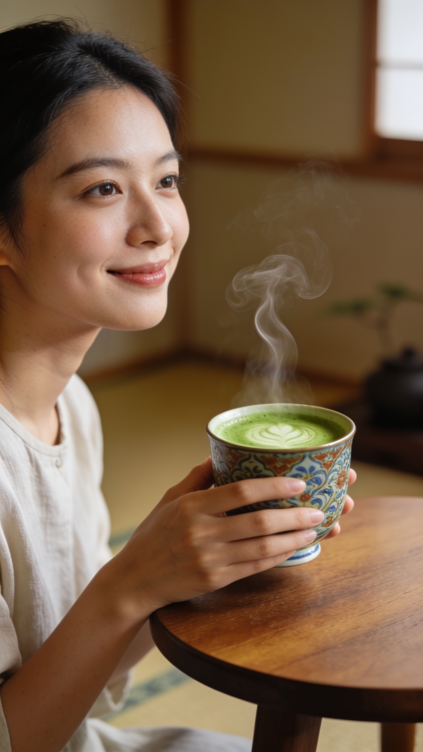 A cozy tea room with warm, soft natural light flowing in from a window, highlighting a calm, smiling main subject seated at a small wooden table. They hold a beautiful ceramic cup of matcha, steam curling upward as if just poured. The subject gazes gently off-camera with a light, tranquil smile, creating an intimate, personal moment. The background is simple and uncluttered to keep focus on the subject and the cup, with subtle earthy tones and minimal decor. Materials visible: a beautifully crafted ceramic cup, steam rising from the matcha. The overall mood is serene, inviting, and naturally lit for a high-quality, close-up portrait suitable for a close-feed share. No text on the image.