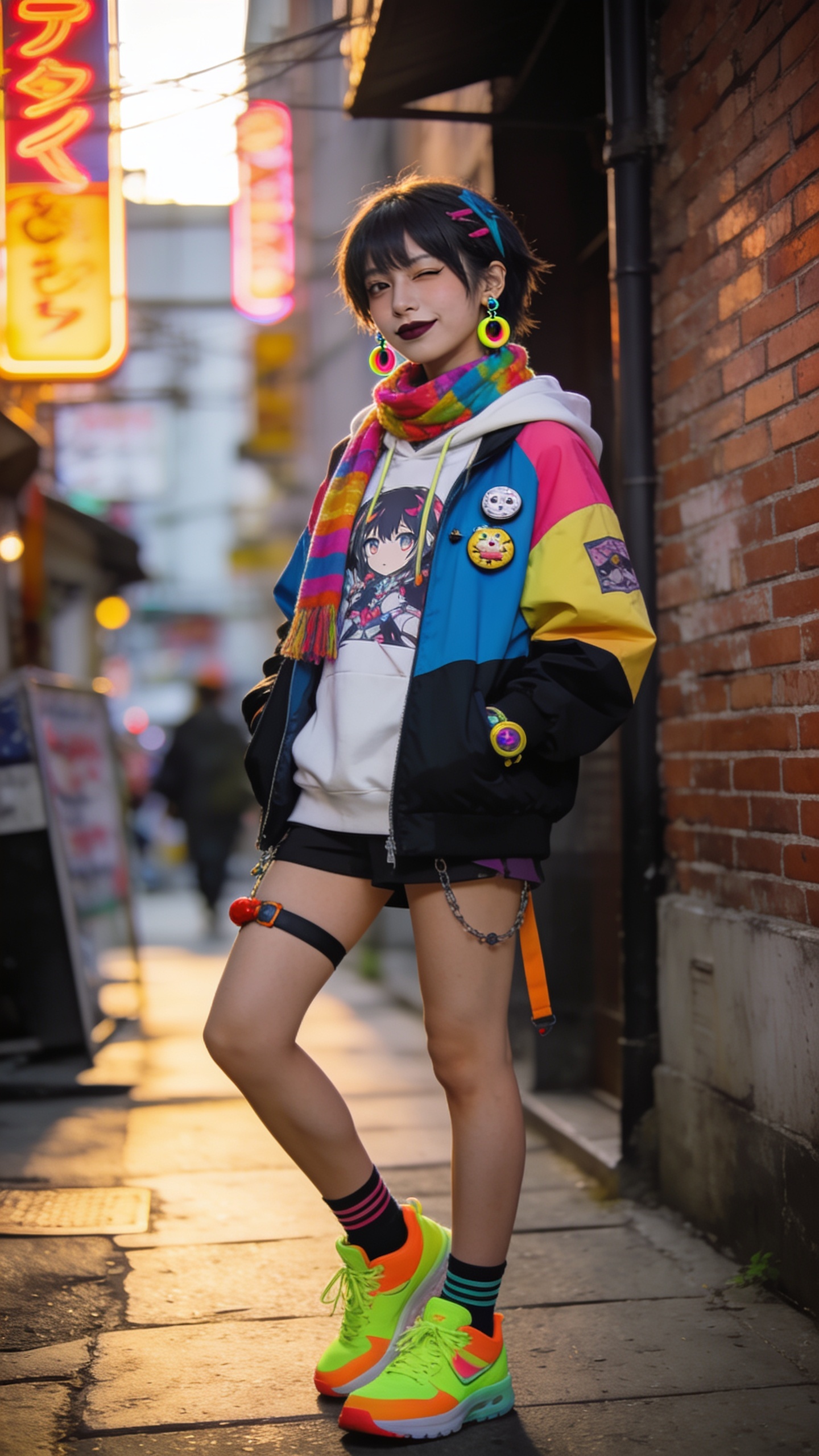 A high-resolution, hyper-realistic street photography shot of a stylish individual embodying cosplay street style in an urban Japan setting. The main subject stands confidently in a dynamic pose with a subtle, charming wink, conveying playful cosplay energy without full theatrical flair. They wear colorful accessories that pop against a gritty city backdrop—think vibrant scarves, bold earrings, neon sneakers, and pop-art accents—paired with minimal makeup and a strong lip or defined liner for contrast. The wardrobe should mix streetwear with subtle nods to anime or game-inspired elements (graphic hoodie, color-block jacket, quirky pin or badge) but not overdone. The lighting is natural with golden hour warmth, casting soft shadows to enhance facial features and accessories. The background features blurred neon signs, brick walls, and urban textures typical of Japanese city streets, creating a lively yet stylish atmosphere. The overall composition centers the subject in sharp focus with a shallow depth of field to separate them from the background, capturing a candid, personality-filled moment perfect for travel photography. No text on the image.
