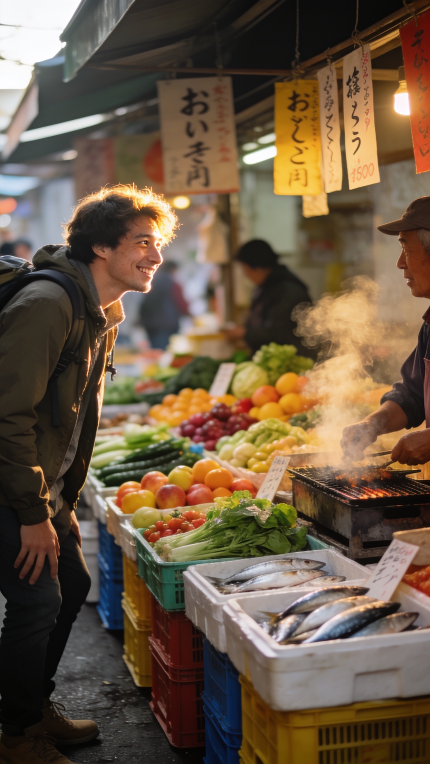 A high-resolution, candid-style photograph of a smiling traveler negotiating with a vendor at a lively morning market in Japan, surrounded by vibrant produce and fish crates. The main subject stands near a row of crates, head turned slightly to catch the soft golden morning light on their face, with a shallow knee bend to convey movement. Their eyes glow with a warm, genuine smile (smile with the eyes). The scene feels authentic and bustling, capturing the everyday magic of Japan’s markets: colorful fruits and vegetables, hanging signs in Japanese, steam from a nearby grill, and a slight blur of other market-goers in the background to emphasize depth. The lighting is natural early morning, soft and directional, highlighting textures of crates, produce, and the subject’s relaxed, curious expression. The image should be realistic, high-quality, and free of any text overlays.