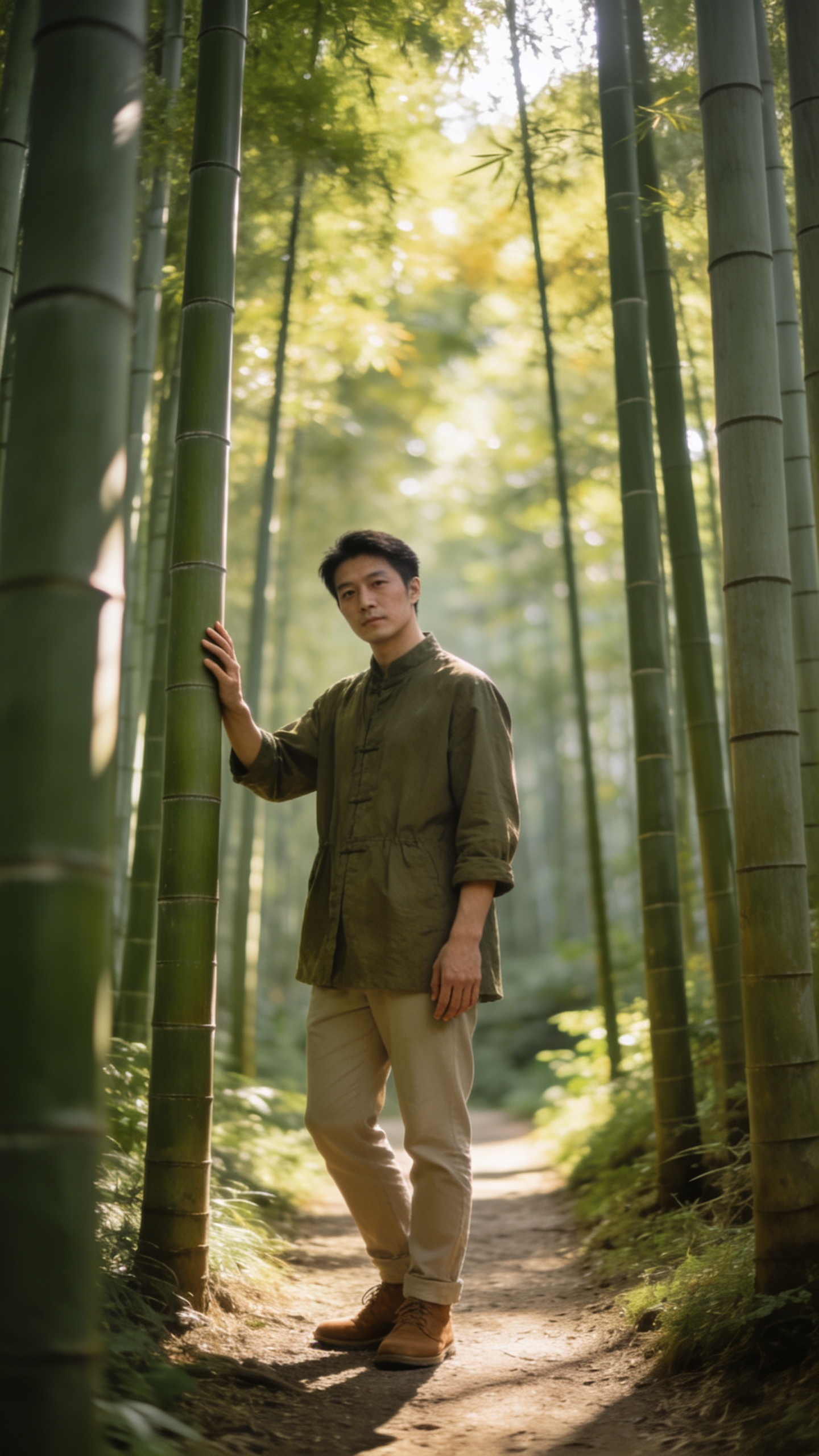 A photorealistic portrait of a single adult traveler in a peaceful Japanese bamboo grove. Only one person is visible in the frame. The subject stands on a narrow dirt path framed by tall, slender bamboo stalks on both sides, creating natural vertical leading lines toward the subject. The subject is positioned slightly off-center to the left, wearing an olive green jacket or tunic, beige or taupe trousers, and muted brown shoes that harmonize with the surrounding greenery. The pose is calm and natural with relaxed shoulders, a slight tilt of the head, and a soft gaze toward the camera. The subject has exactly two arms and exactly two hands, both fully visible and anatomically correct. One hand gently rests against a nearby bamboo stalk while the other hangs naturally by the subject's side. Do not cross the arms, hide the hands, duplicate limbs, or add extra fingers, hands, or arms. Capture the scene with a shallow depth of field (f/2.8–f/4), keeping the subject sharp while the lush bamboo forest softly blurs into the background. Warm natural sunlight filters through the bamboo canopy, creating soft dappled light and gentle shadows that emphasize the texture of the bamboo stalks and leaves. The mood is serene, contemplative, timeless, and evokes a peaceful travel experience in Japan. Ultra-realistic photography, natural proportions, anatomically accurate human body, no duplicated body parts, no extra limbs, no text, no watermark, no logo.